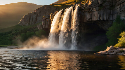 A natural cascade of water falls over rocks in a green forest landscape near mountains
