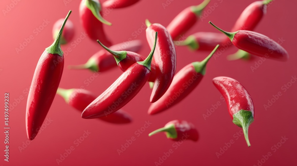 Aufkleber bunch of red peppers are flying through the air. the peppers are in different positions and angles, 