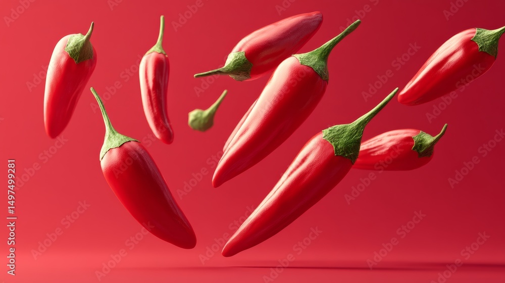 Poster bunch of red peppers are flying through the air. the peppers are in different positions and sizes, b