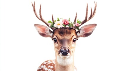 Deer with floral crown, portrait against white