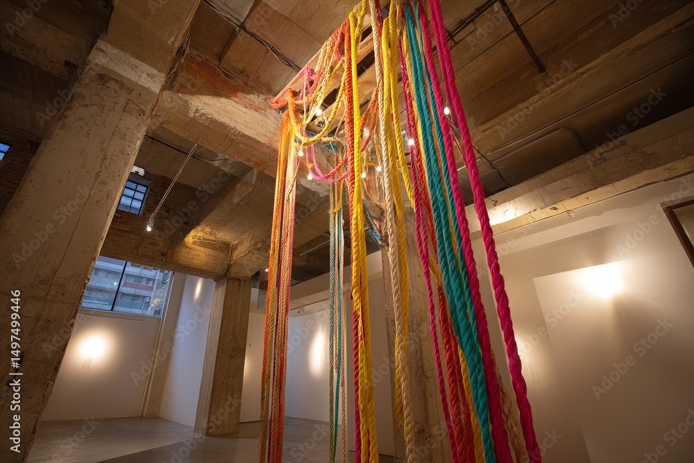 Poster Colorful ropes create an artistic installation in an industrial space during the evening hours