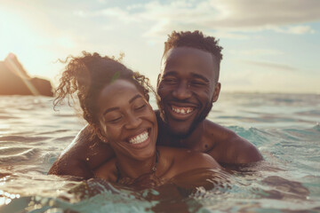 Smiling couple enjoying a sunset swim in the ocean, embracing and laughing together.