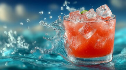 a rum punch cocktail in a curved glass, bright tropical colors, ice cubes, clean light background, styled for commercial photography, 