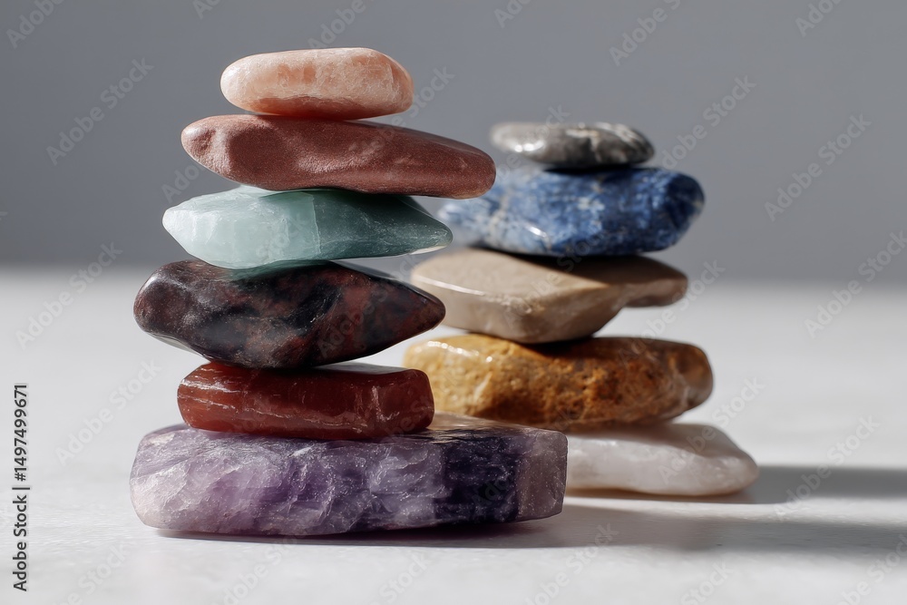 Poster Stacked stones displaying various colors and textures arranged on a light surface in a minimalistic setting