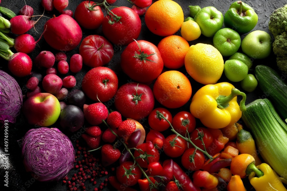 Poster colorful assortment of fresh vegetables and fruits arranged on a dark surface in a vibrant display