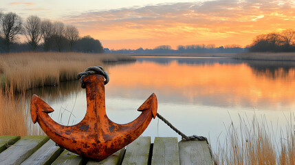 Rusty anchor on wooden dock with a serene river view during a vibrant sunset