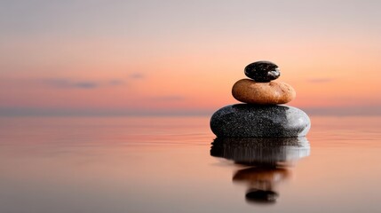 Stack of rocks on top of each other in a body of water. The water is calm and the sky is pink. Concept of peace and tranquility