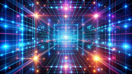 Fototapeta premium Neon Grid Tunnel, 3D, Abstract, Technology, Digital Art