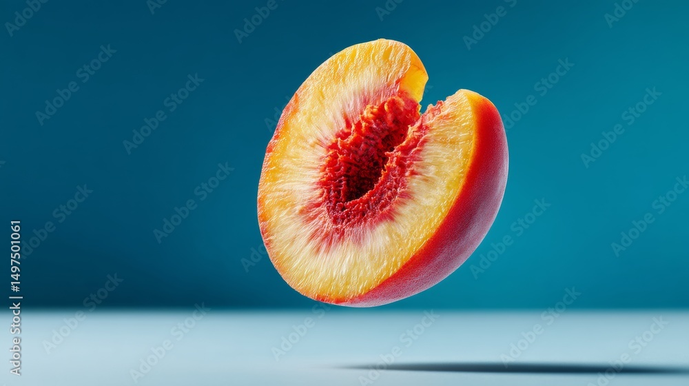 Poster peach is sliced in half and is floating in the air. concept of freshness and vitality, as the fruit 