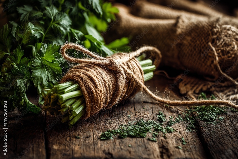 Poster fresh herbs tied with twine on rustic wooden surface with scattered greens and burlap