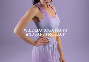 3 Mockups of Women's Wide Leg Pants and Top for Yoga and Fitness