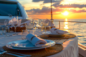 Obraz premium Elegant dinner setup on a yacht at sunset with beautifully arranged plates, glasses, and a golden sunset reflecting on the ocean.