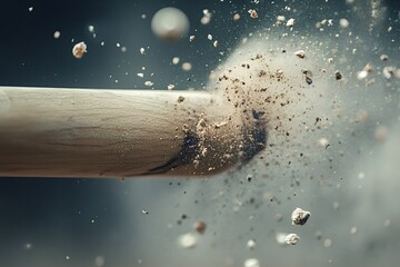 High-speed photograph capturing the dramatic moment a baseball bat makes contact with a corked baseball, sending a cloud of exploding powder and fragments flying through the air