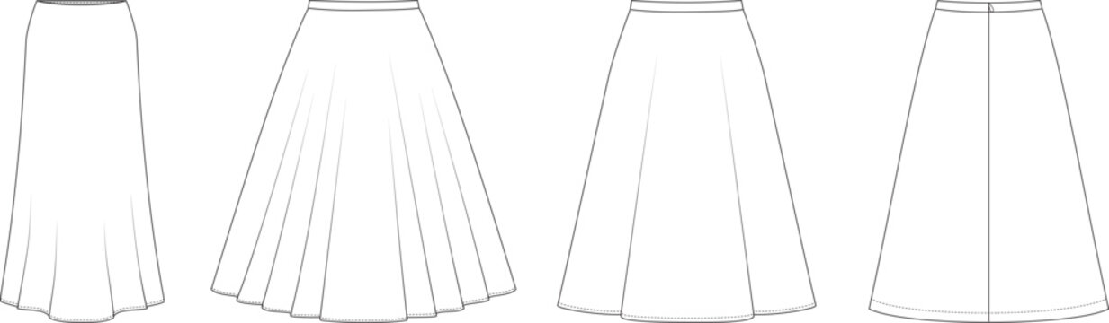 Editable technical fashion vector flats of four skirt styles: bias-cut skirt, full circle skirt, half circle skirt, and A-line. For apparel design, tech packs, and fashion production. 