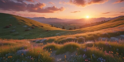 Vibrant sunset over rolling hills, wildflowers in bloom,  wildflowers,  natural,  vibrant