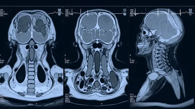 Neck MRI Scan. Blue. 3 videos in 1 file. Animation showing top, front, lateral view and ECG display. Each video is loopable. Medical Background