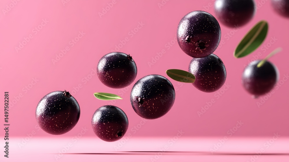 Poster bunch of black grapes are floating in the air. the image has a playful and whimsical mood, as if the