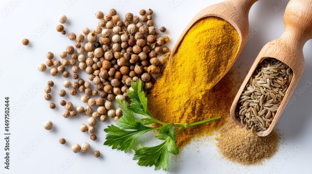 Poster variety of spices are displayed on a white background. the spices include cumin, coriander, and turm