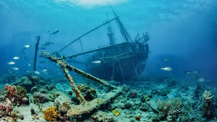 Beautiful underwater view of a sunken shipwreck lying on the seabed, surrounded by colorful coral reef and fish swimming around, creating a captivating scene of marine life and history