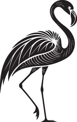 A black vector silhouette of a flamingo stands in shallow water with decorative wing patterns.