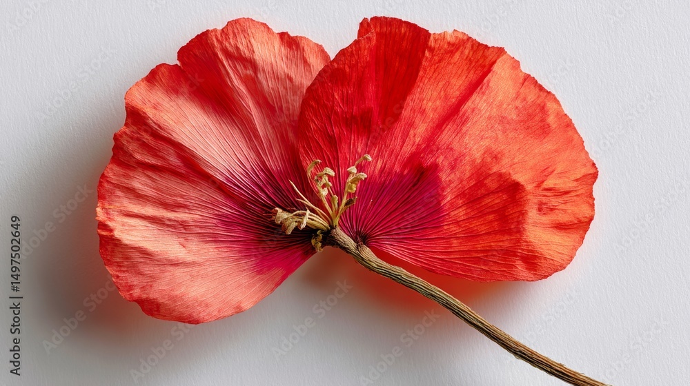 Poster close up of a red flower with a stem. the flower is in the middle of the image and is the main focus
