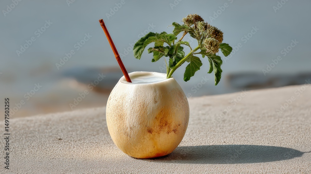 Poster small white coconut shell with a straw in it is sitting on a beach. the coconut shell is filled with