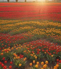 Vast spring tulip field bathed in golden sunlight, breathtaking panorama ,  blossom,  golden