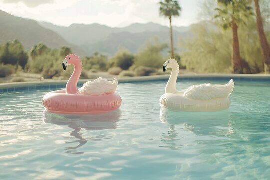 Pink flamingo and white swan floaties in swimming pool with mountain views. For travel, leisure, summer fun, or promoting resort vacation concepts.