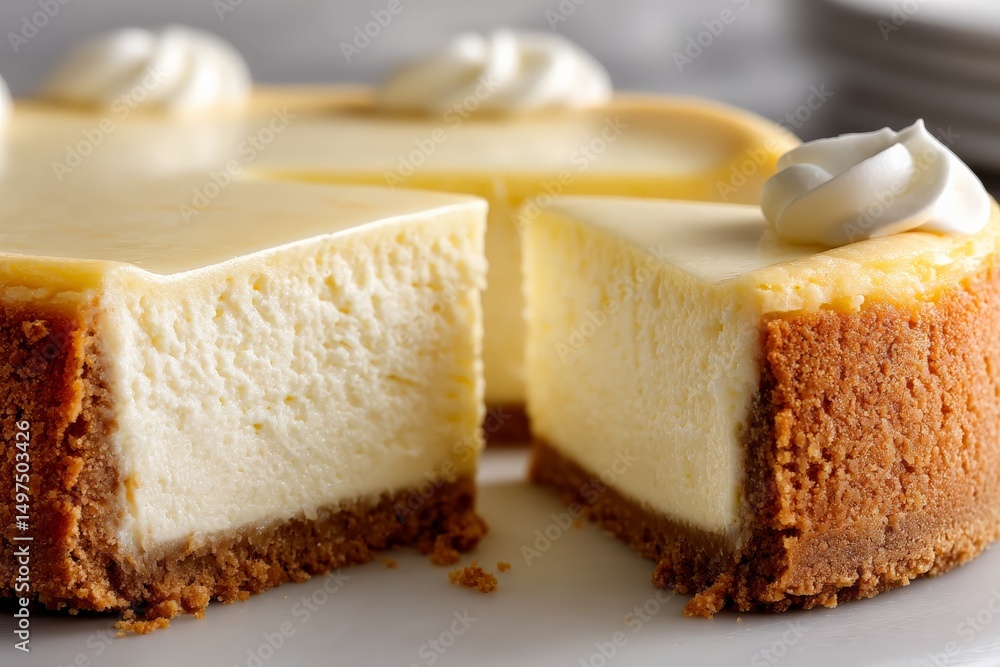 Aufkleber creamy cheesecake with graham cracker crust served on a white plate showcasing a slice cut from the 