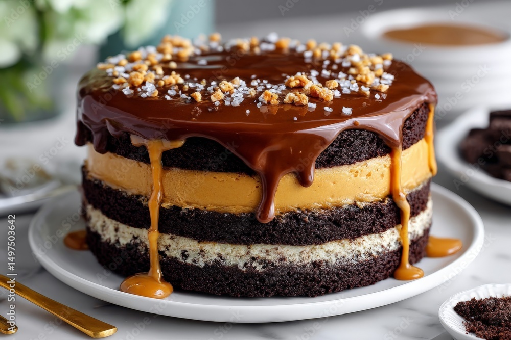 Poster delicious multi-layered chocolate cake with caramel sauce and crunchy toppings at a dessert display