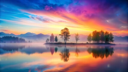 Obraz premium Serene Sunset Reflection on Misty Lake, Mountains, Trees, Water, Nature