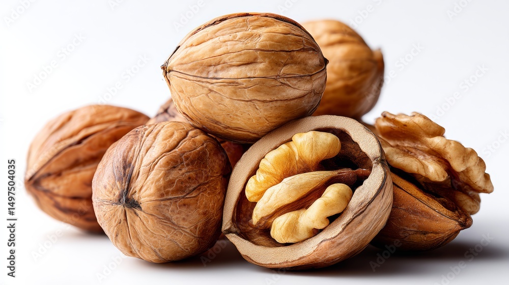 Poster pile of walnuts with one open. the walnuts are all different sizes and shapes. the pile is on a whit