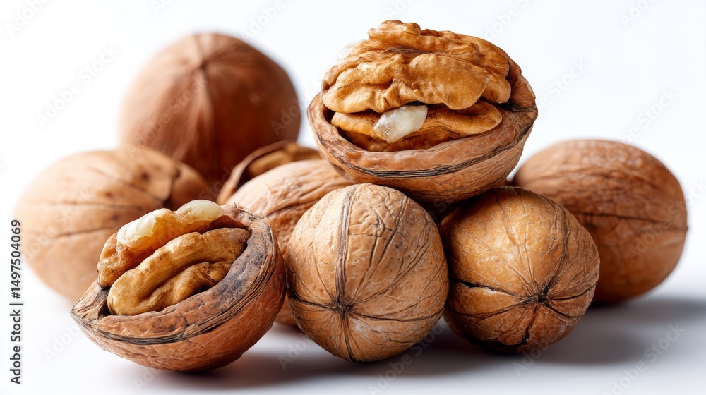 Poster pile of walnuts with some of them open. the pile is made up of walnuts that are all different sizes 