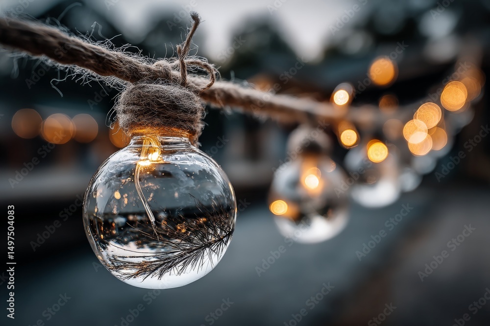 Poster decorative glass ornaments illuminated at dusk, creating a festive atmosphere in a holiday setting