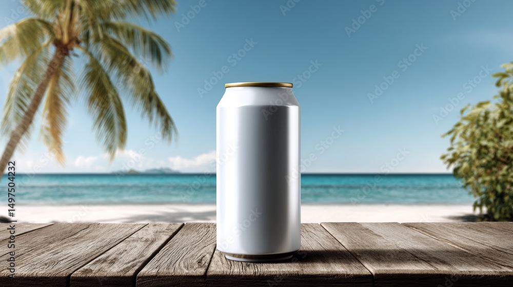 Poster can of soda is sitting on a wooden table by the ocean. the scene is serene and peaceful, with the oc