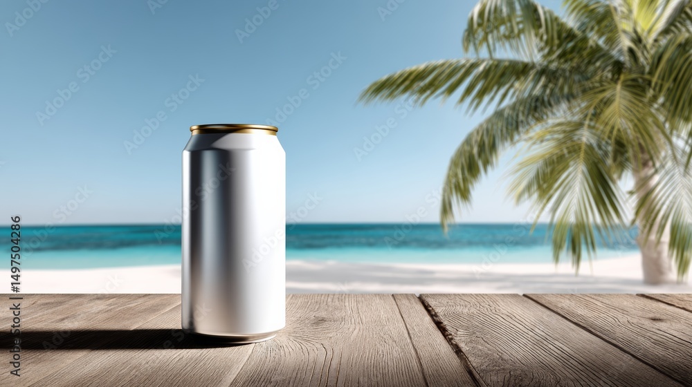 Aufkleber can of soda is sitting on a wooden table by the ocean. the scene is bright and sunny, with the ocean