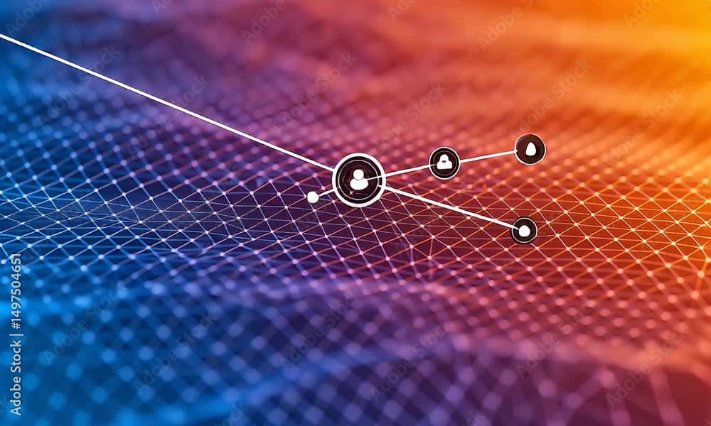 Poster abstract digital network with connected points in gradient blue and orange tones