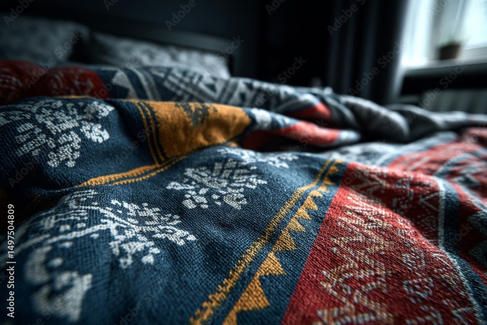Aufkleber cozy blanket on a bed in a dimly lit room with patterned fabric during the evening hours in a modern