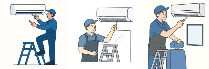 Collection of AC Technician is repairing AC unit, wearing blue uniform and carrying screwdriver style vector flat design