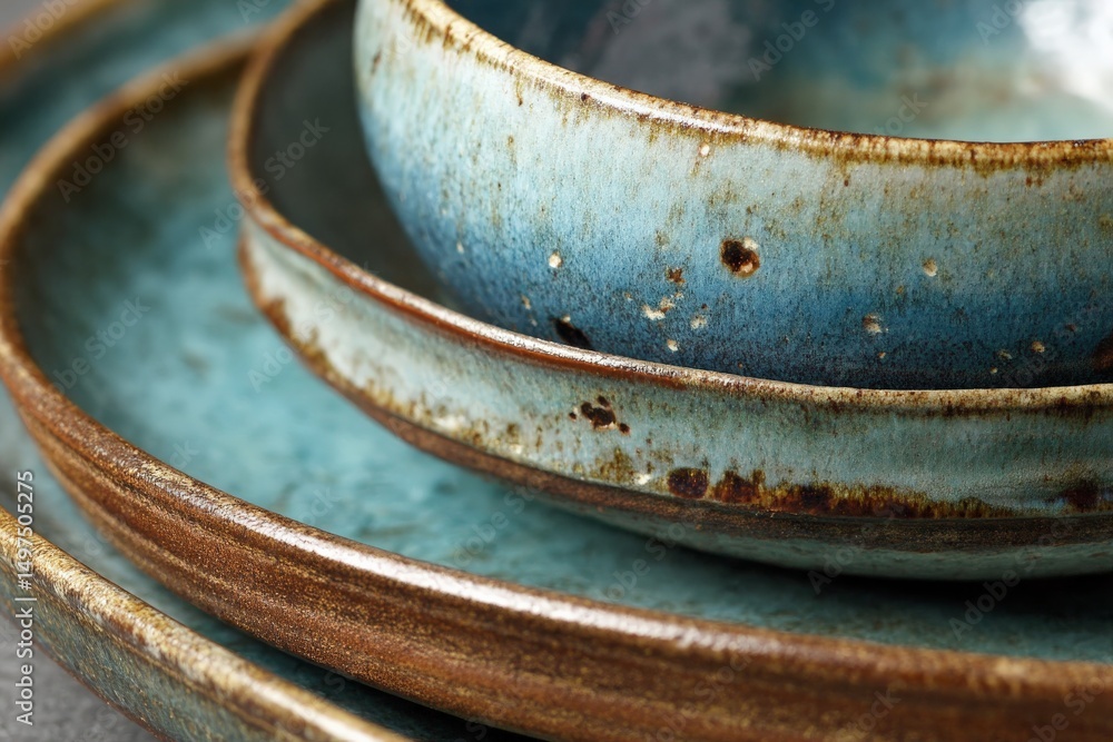 Poster Beautifully crafted pottery bowls stacked together showcasing unique glazes and textures in a serene setting