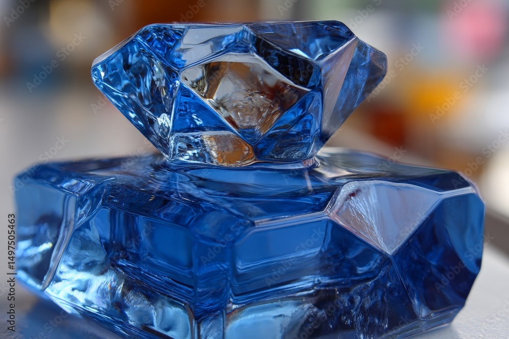 Poster beautiful blue crystal bottle illuminated by soft lighting on a reflective surface in a contemporary