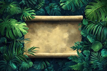 Blank parchment scroll surrounded by vibrant jungle foliage and greenery