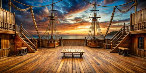 Fototapeta premium The Captain's View Sunset on the Deck of a Wooden Galleon, sunset , golden hour , pirate ship , galleon