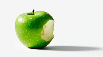 Green apple with a bite taken out of it.