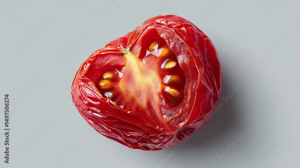 Poster tomato is sliced open and has a stem on the top. the tomato is red and has a slightly wilted appeara