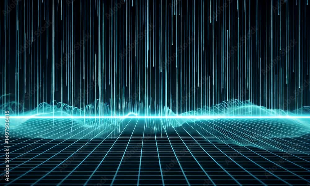 Poster abstract digital visualization with blue lines grid and wave formation