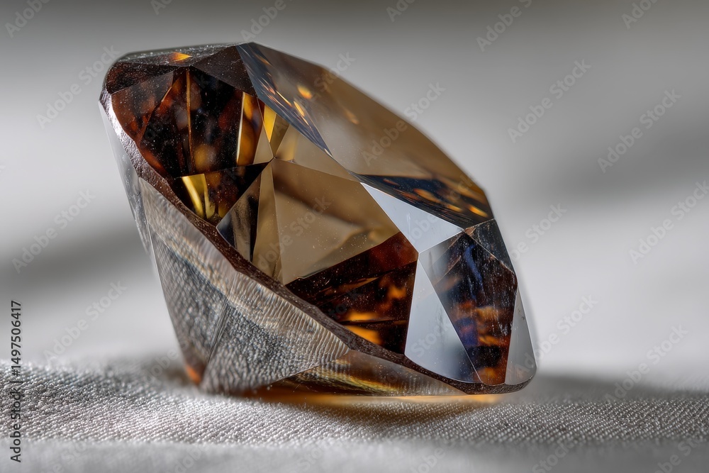 Poster beautiful brown gemstone rests elegantly on soft fabric, highlighting its intricate cuts and sparkli