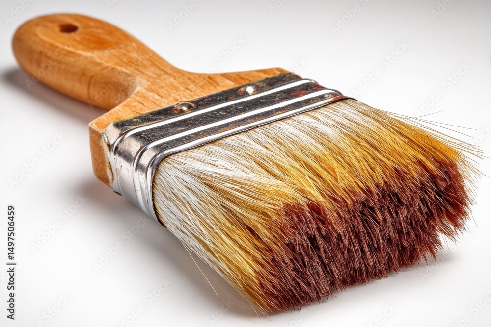 Poster brush with textured bristles shows wear after years of painting in various projects and colors in a 