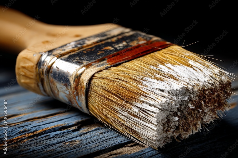 Poster brush rests on weathered wooden surface, showcasing fine bristles and rustic textures in a close-up 