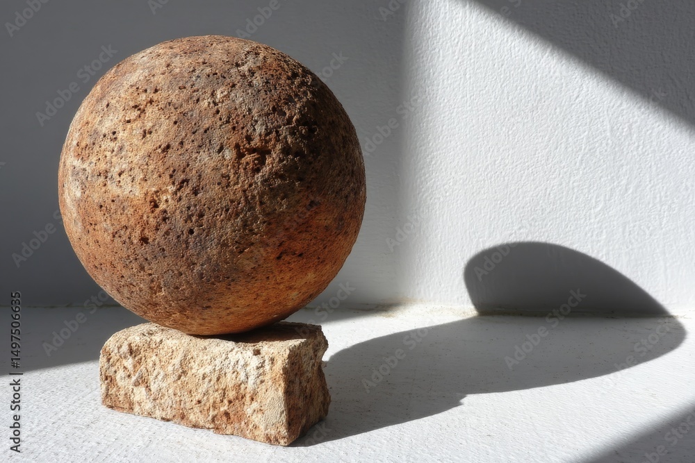 Aufkleber Unique round stone balancing on rectangular rock with shadows created by natural light in a minimalist setting